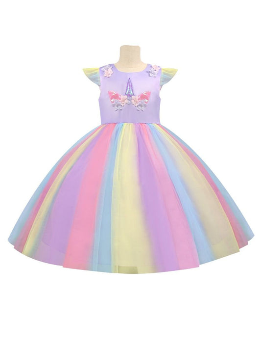 Rainbow Color Unicorn Flower Mesh Princess Party Dress for Summer Little Big Girl - dianjiang-