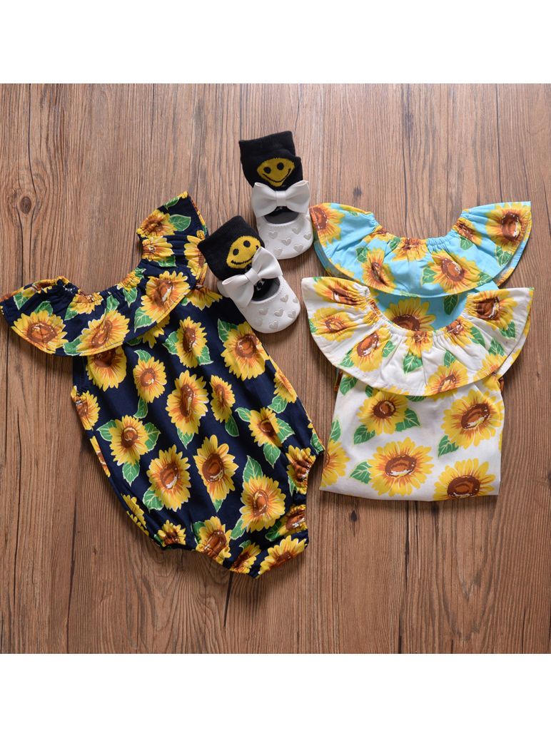 Sunflower Romper Print Off Shoulder Summer Baby Girl Sunsuit Clothes - dianjiang-