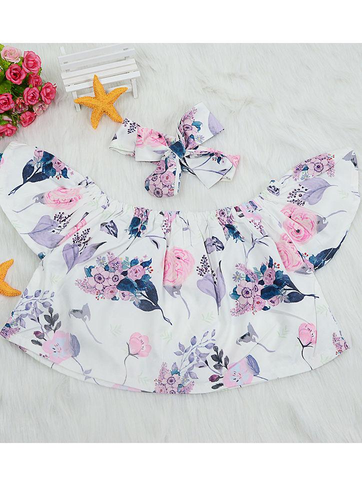 3-Piece Flower Baby Outfits Off Shoulder Top + Shorts + Headband Summer - dianjiang-