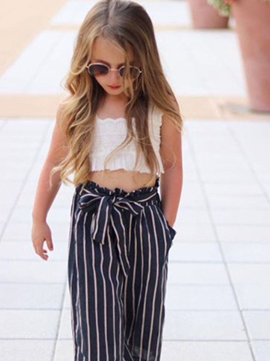 White Frilled Crop Top+Bow Stripe Loose Pants 2-Piece Outfits For Little Baby Girls - dianjiang-