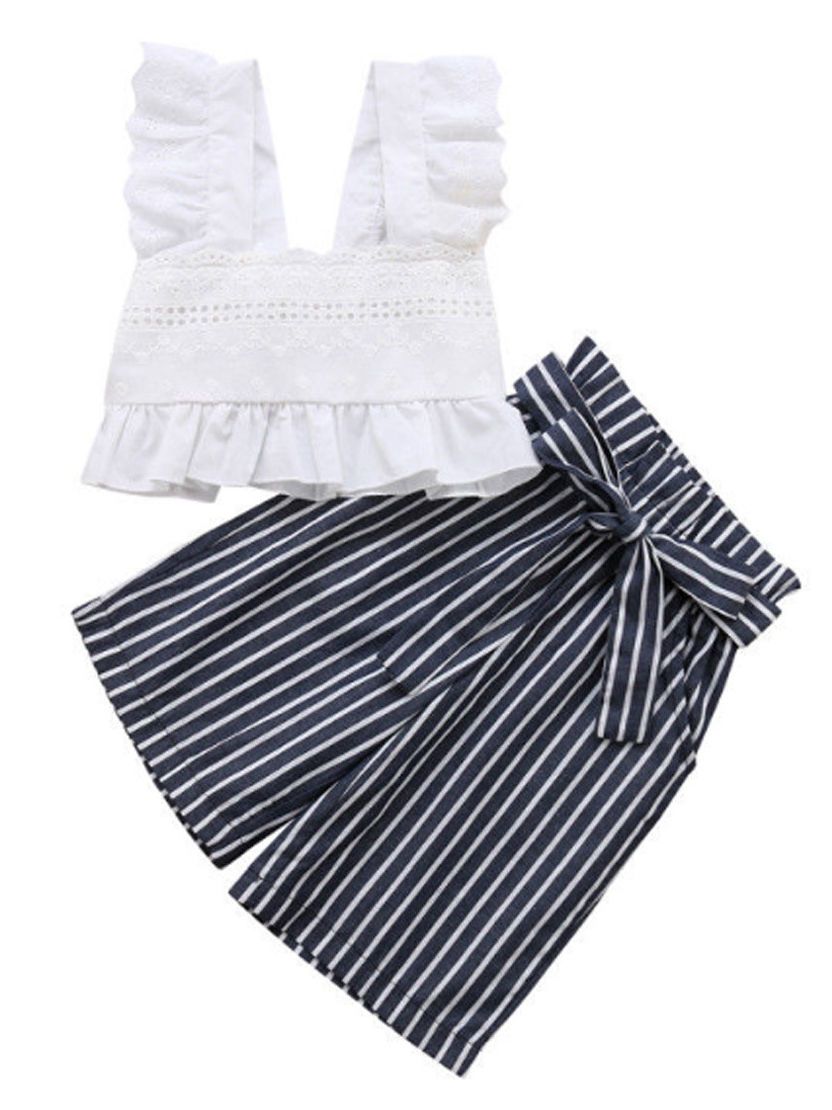 White Frilled Crop Top+Bow Stripe Loose Pants 2-Piece Outfits For Little Baby Girls - dianjiang-