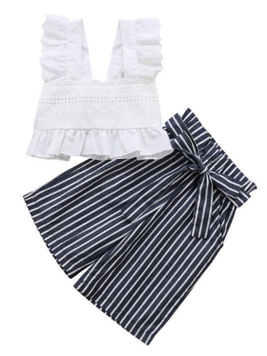 White Frilled Crop Top+Bow Stripe Loose Pants 2-Piece Outfits For Little Baby Girls - dianjiang-