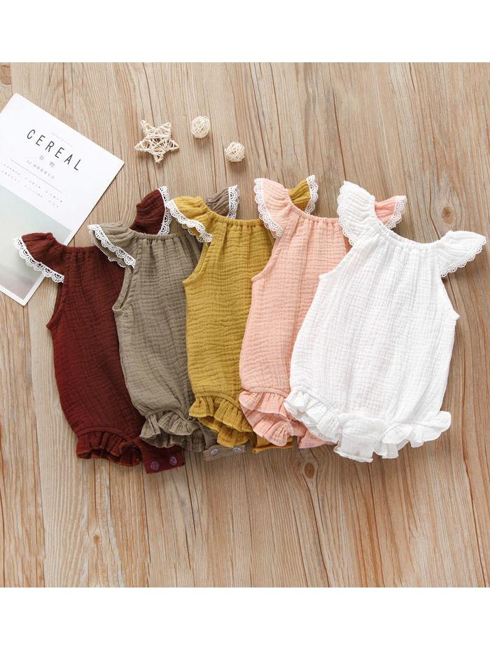 Flutter Sleeve Summer Solid Color Frilled Sleeveless Muslin Baby Romper Onesie Wholesale - dianjiang-