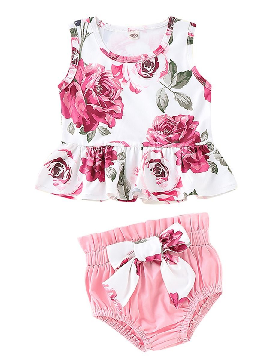 Clothes Outfits Flower Tank Top +Bow Shorts for Baby Girls - dianjiang-