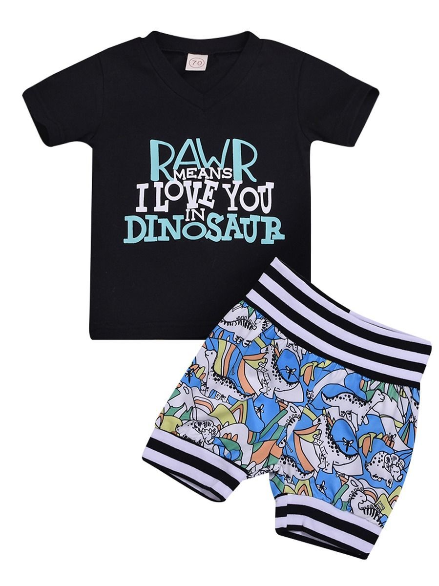 Baby Little Boy Clothes RAWR Means I LOVE YOU IN DINOSAUR T-shirt+Printed Shorts 2-Piece Outfits - dianjiang-