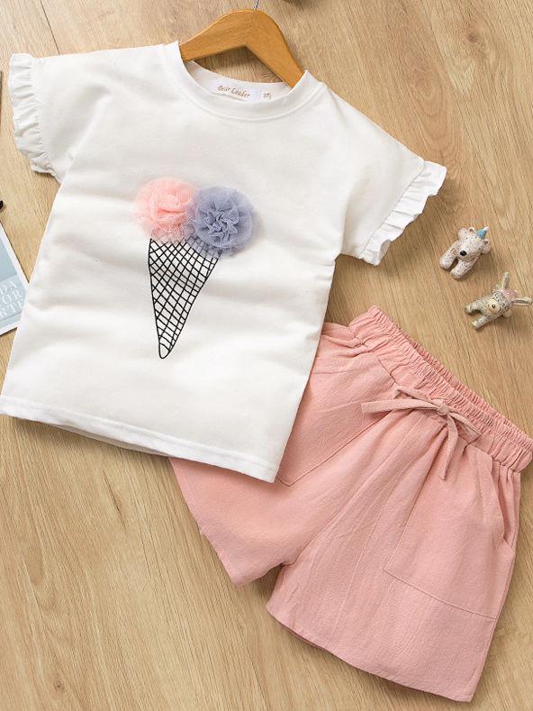 Toddler Big Girl Outfits Ice Cream Style T-shirt+Pink Shorts - dianjiang-