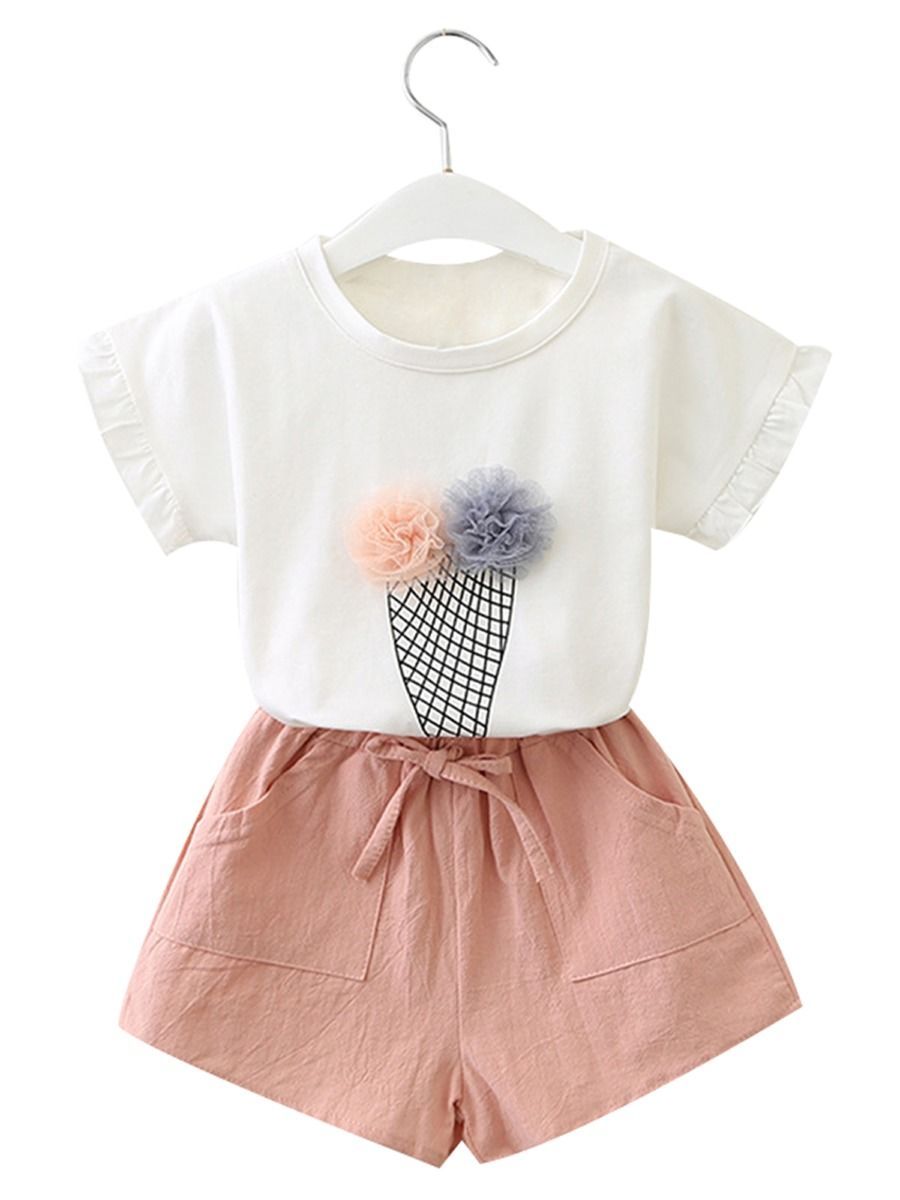 Toddler Big Girl Outfits Ice Cream Style T-shirt+Pink Shorts - dianjiang-
