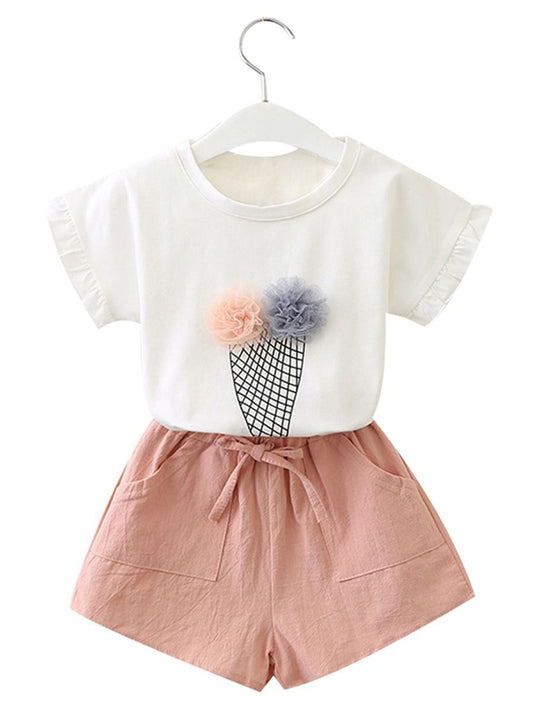 Toddler Big Girl Outfits Ice Cream Style T-shirt+Pink Shorts - dianjiang-