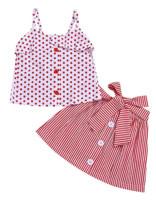 Fashion Toddler Girl Clothes Red Polka Dots Suspender Top+Bow Stripe Skirt Outfit Sets 2-Piece - dianjiang-