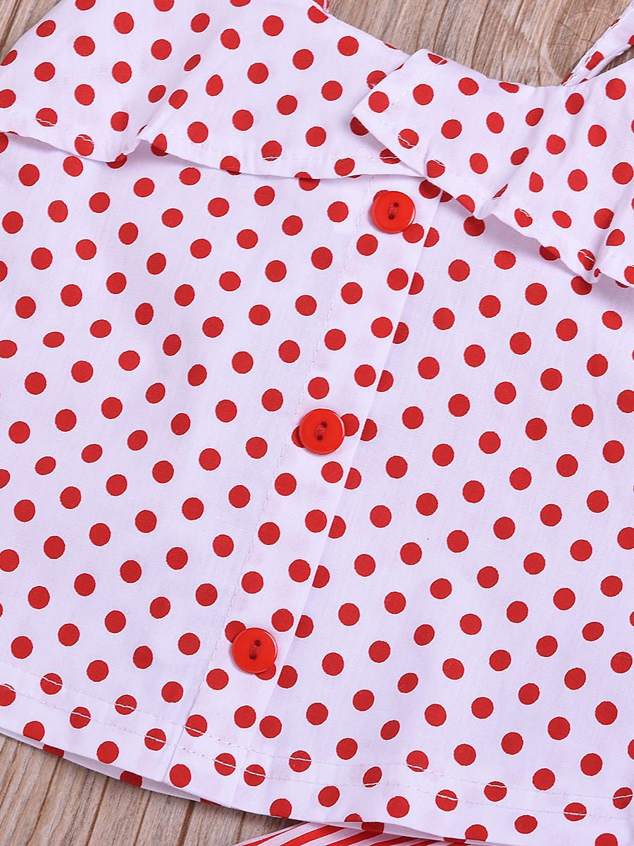 Fashion Toddler Girl Clothes Red Polka Dots Suspender Top+Bow Stripe Skirt Outfit Sets 2-Piece - dianjiang-