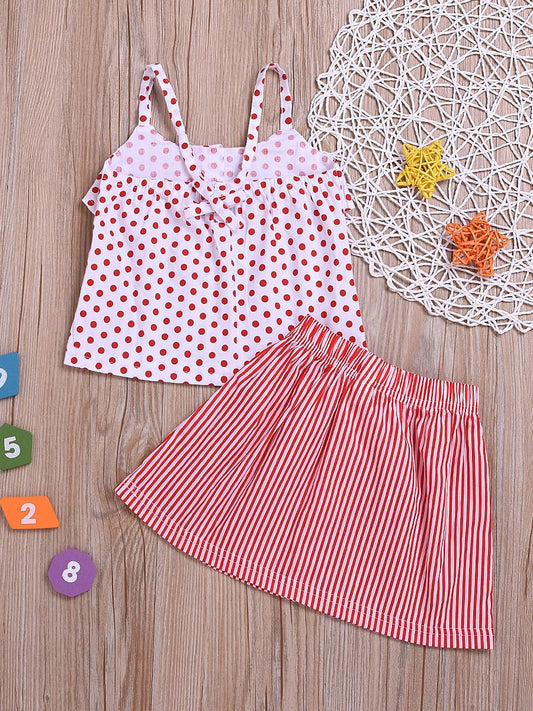 Fashion Toddler Girl Clothes Red Polka Dots Suspender Top+Bow Stripe Skirt Outfit Sets 2-Piece - dianjiang-