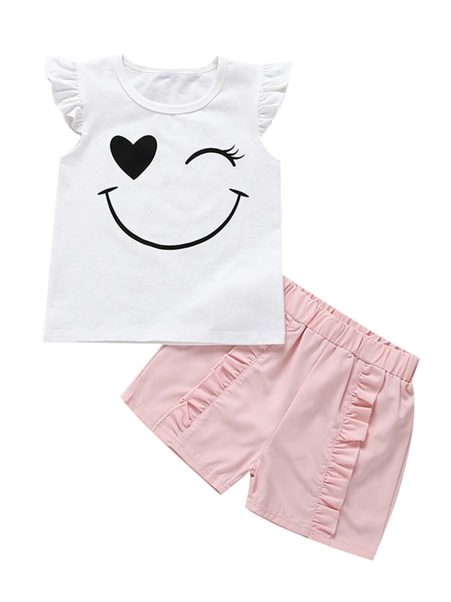 2-Piece Cute Outfits Baby Little Girl Flutter Sleeve Smile T-shirt+Pink Shorts - dianjiang-