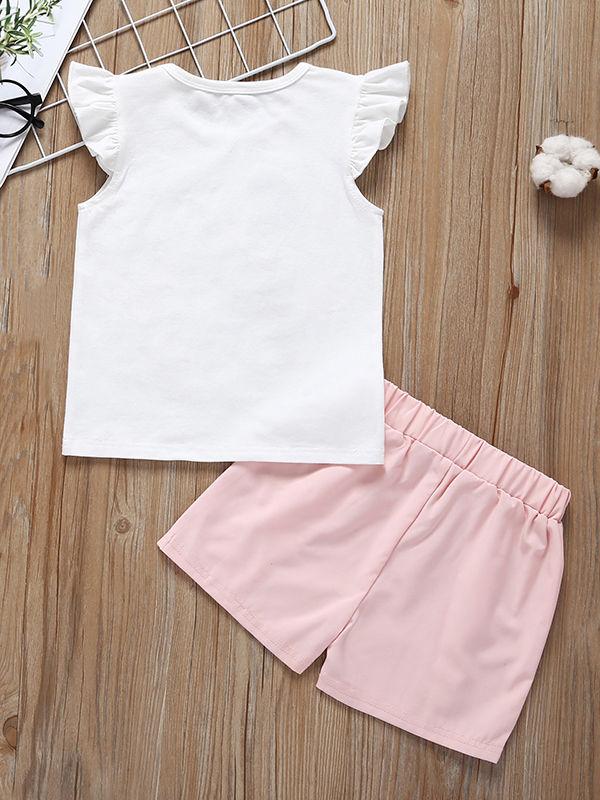 2-Piece Cute Outfits Baby Little Girl Flutter Sleeve Smile T-shirt+Pink Shorts - dianjiang-