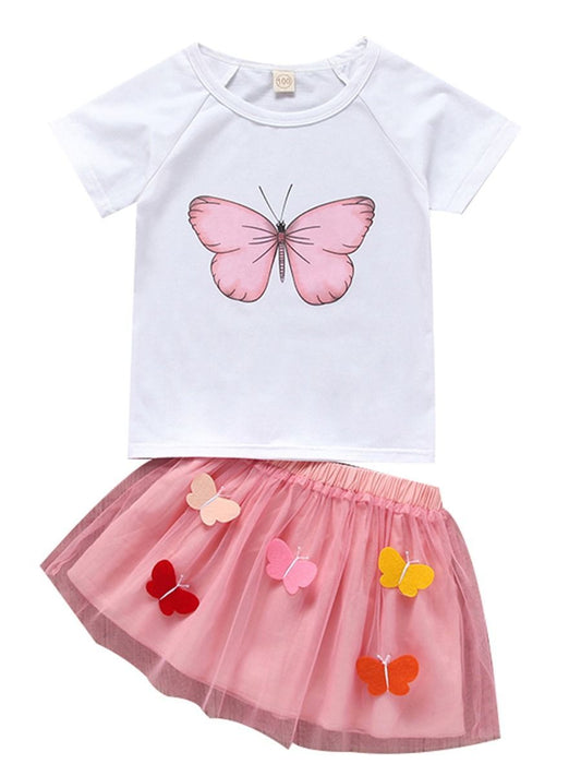 Butterfly Style Baby Little Girl Clothes 2-Piece Outfit T-shirt Matching Mesh 3D Butterfly Skirt - dianjiang-