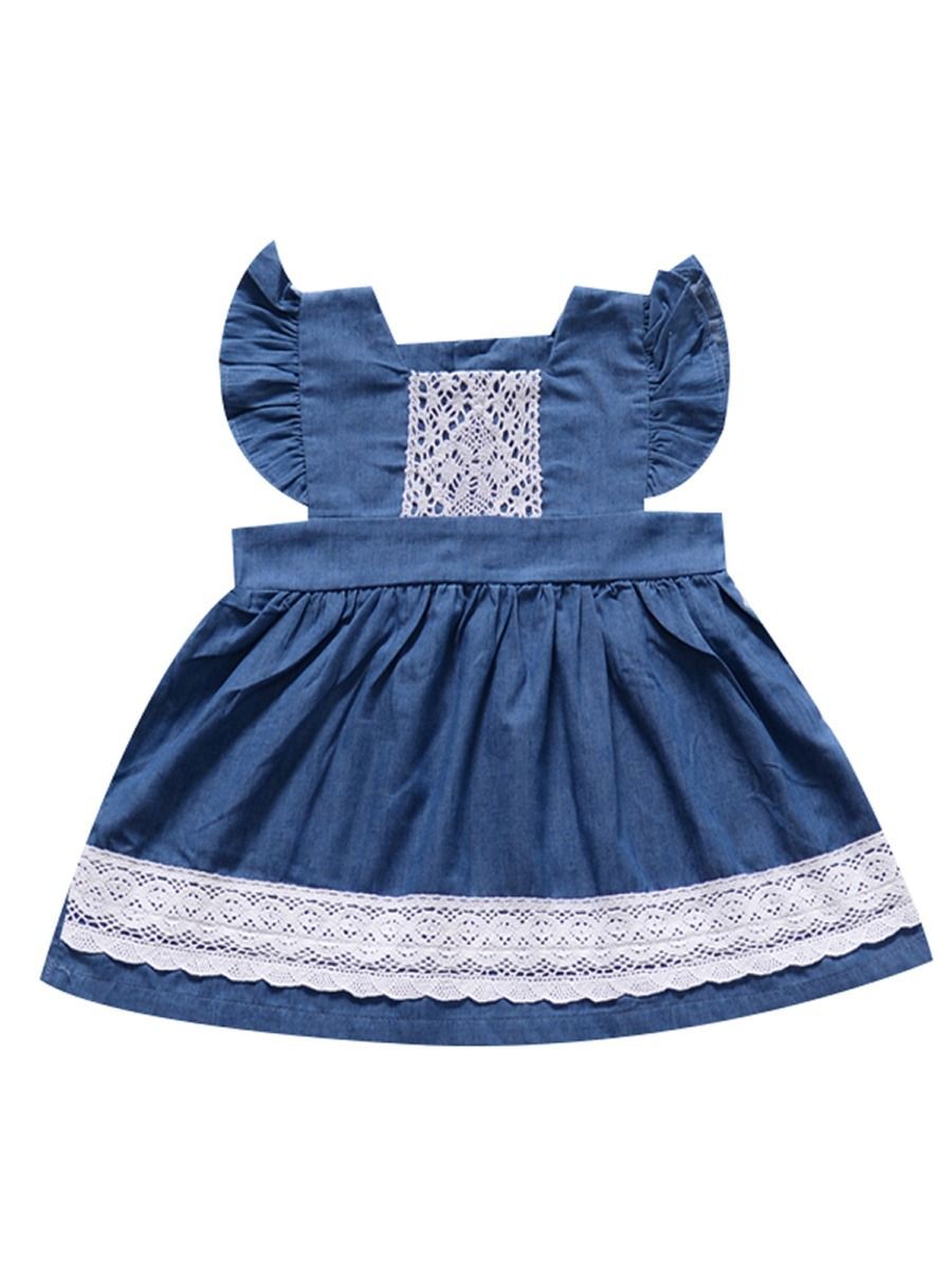 Lace-trimmed Flutter Sleeve Baby Little Girl Blue Dress - dianjiang-