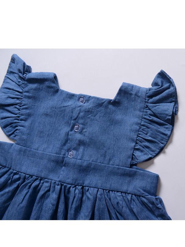 Lace-trimmed Flutter Sleeve Baby Little Girl Blue Dress - dianjiang-