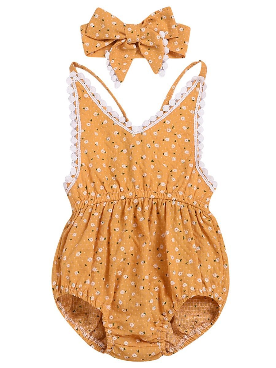 Summer Pom Pom Trimmed Flower Bodysuit Matching Bow Headband - dianjiang-