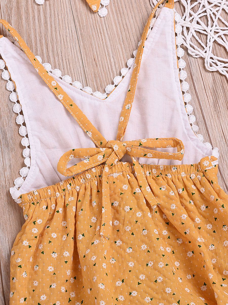 Summer Pom Pom Trimmed Flower Bodysuit Matching Bow Headband - dianjiang-