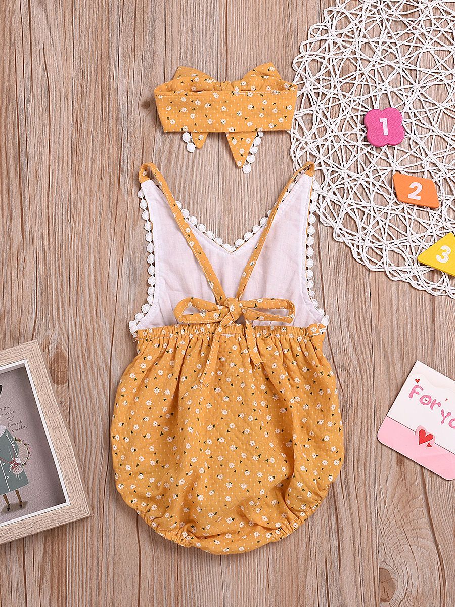 Summer Pom Pom Trimmed Flower Bodysuit Matching Bow Headband - dianjiang-