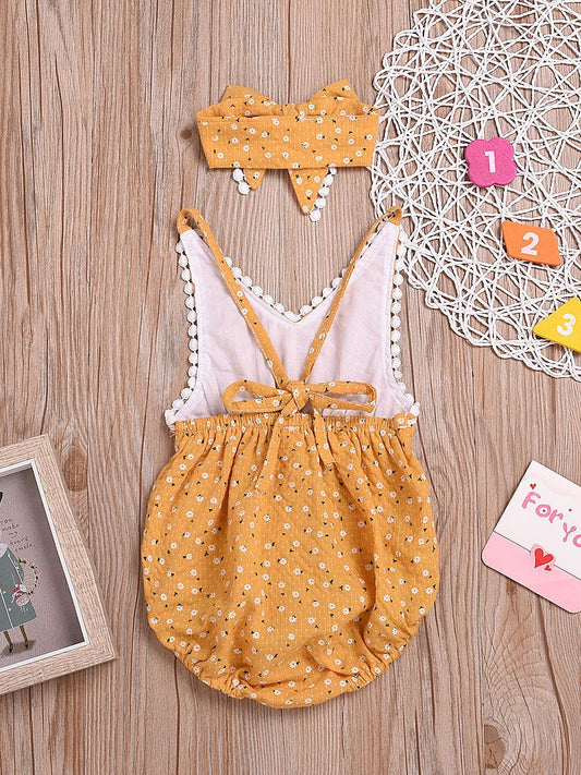 Summer Pom Pom Trimmed Flower Bodysuit Matching Bow Headband - dianjiang-