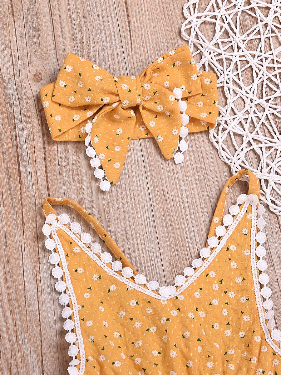 Summer Pom Pom Trimmed Flower Bodysuit Matching Bow Headband - dianjiang-