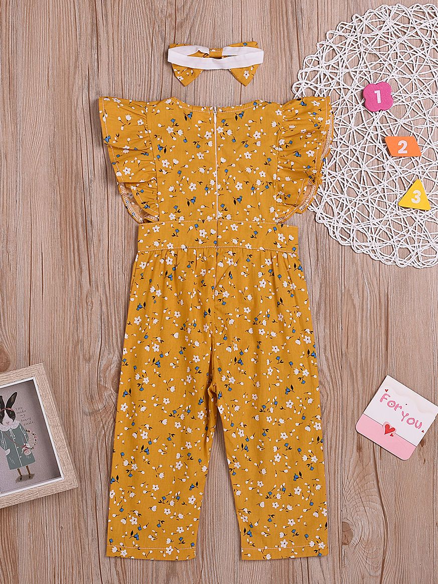 Short Flutter Sleeve Floral Commercial Baby Little Girl Jumpsuit Matching Headband - dianjiang-