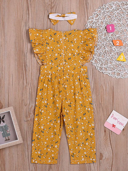 Short Flutter Sleeve Floral Commercial Baby Little Girl Jumpsuit Matching Headband - dianjiang-