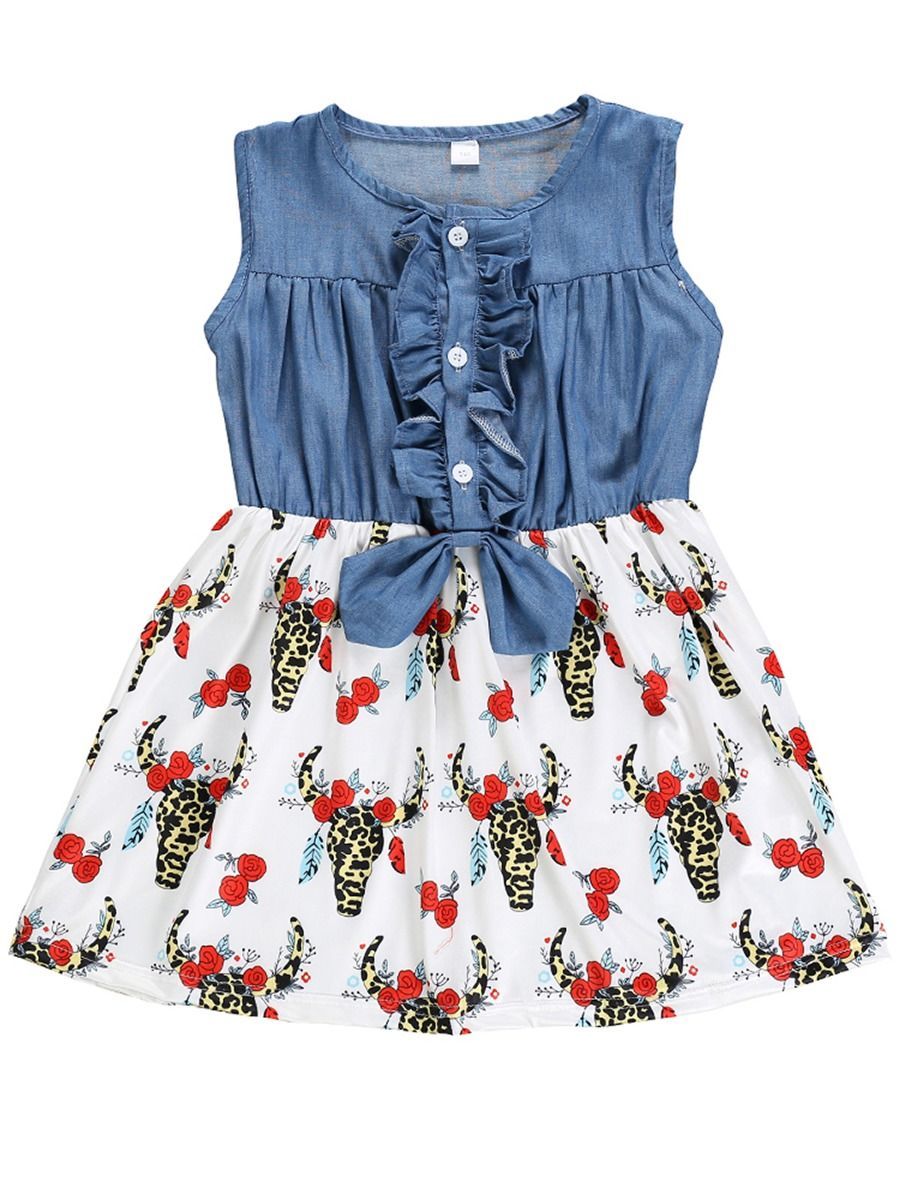 Wholesale Toddler Little Girl Cow Flower Print Patchwork Sleeveless Dress - dianjiang-