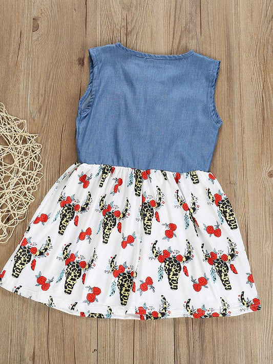 Wholesale Toddler Little Girl Cow Flower Print Patchwork Sleeveless Dress - dianjiang-