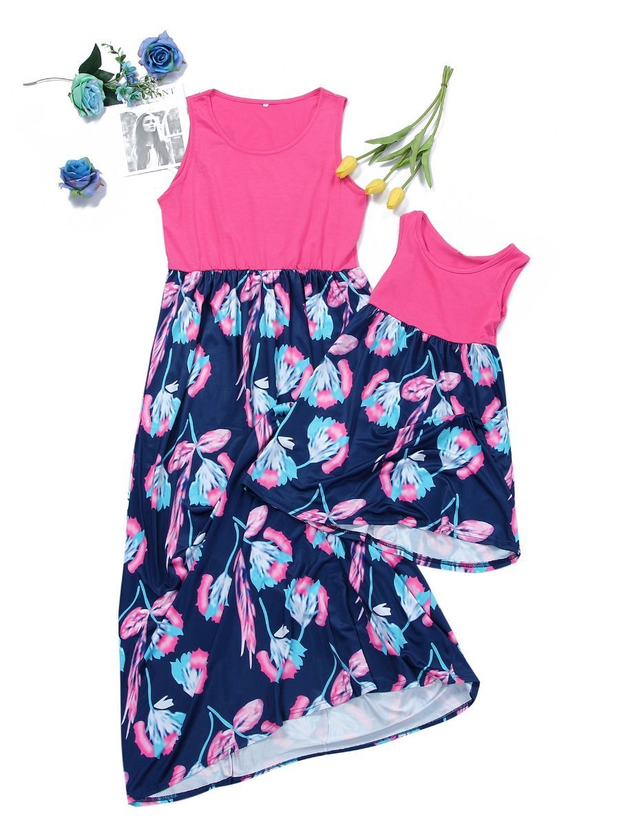 Mommy & Me Flower Patchwork Sleeveless Casual Vacation Long Dress - dianjiang-