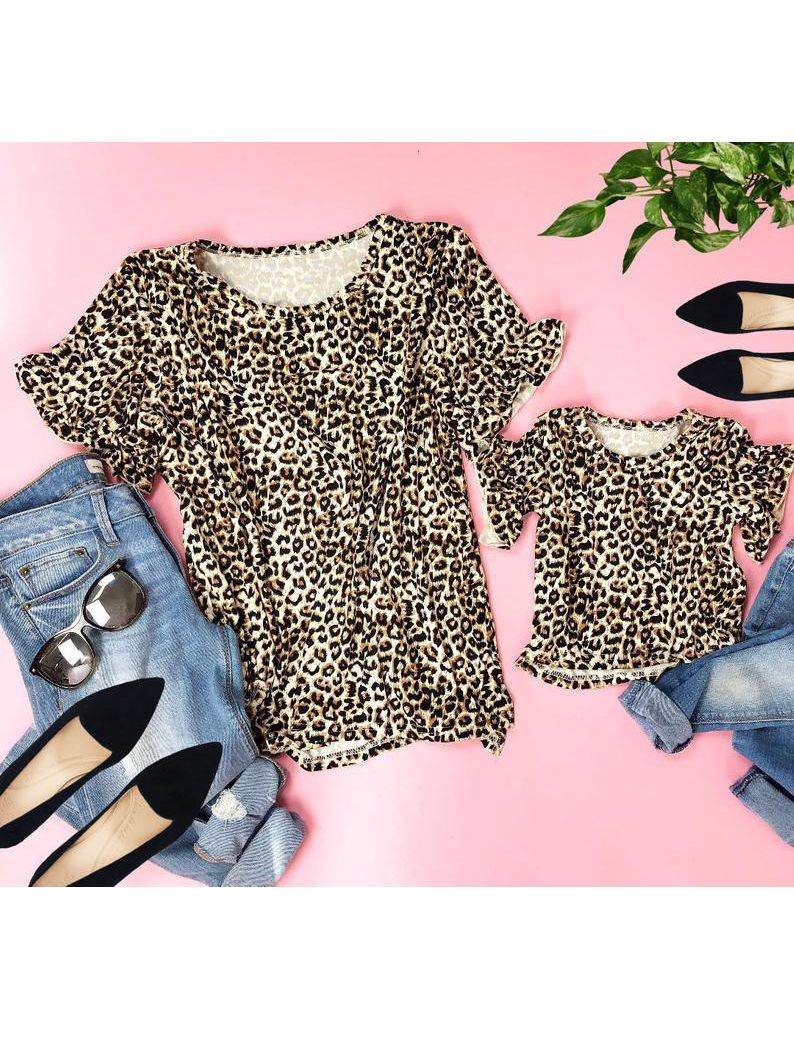 Mommy and Me Leopard Print Short Ruffle Sleeve T-shirt Blouse - dianjiang-