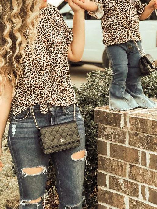 Mommy and Me Leopard Print Short Ruffle Sleeve T-shirt Blouse - dianjiang-