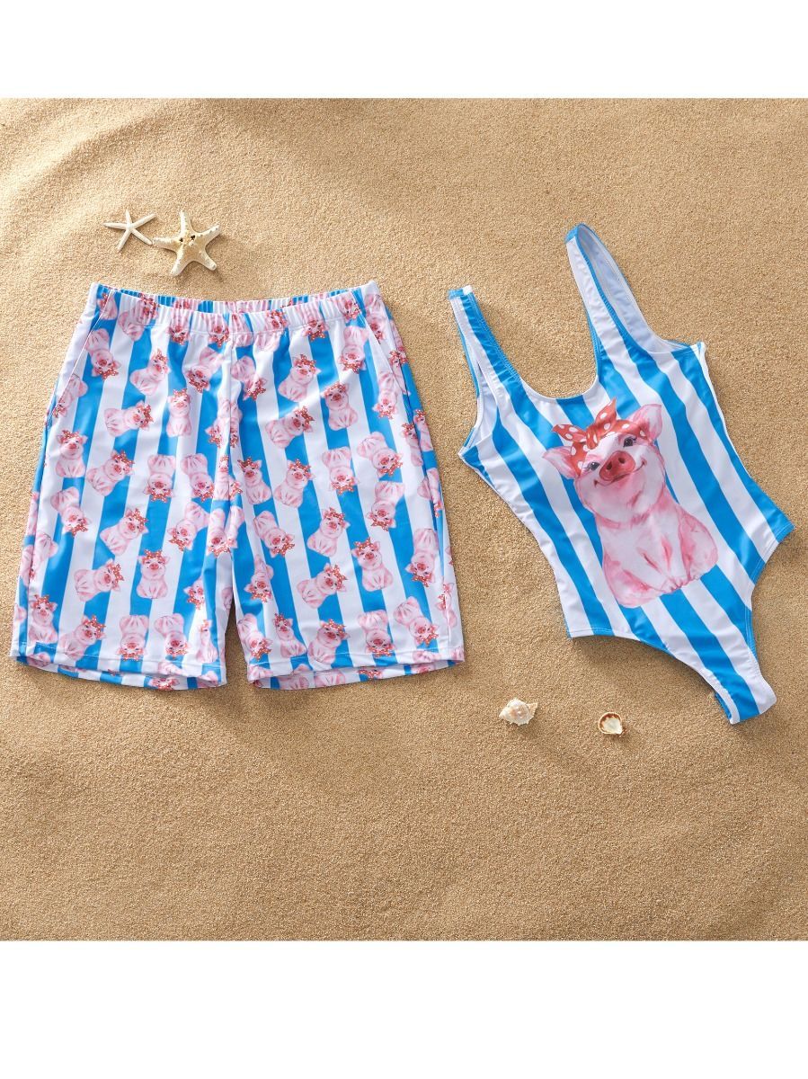 Family Outfit Pig Stripe Pattern Trunks Dad and Son Swimwear - dianjiang-