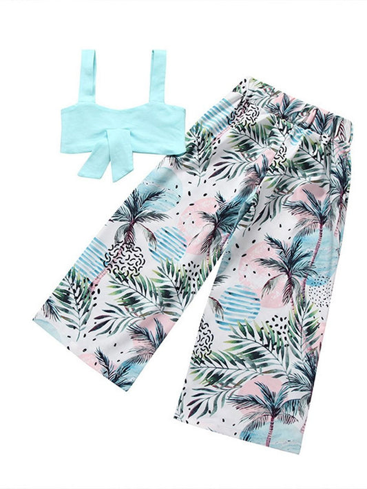 Fashion Little Girl Outfits 2-Piece Suspender Crop Top+Tree Print Loose Pants - dianjiang-