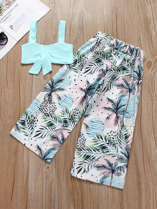 Fashion Little Girl Outfits 2-Piece Suspender Crop Top+Tree Print Loose Pants - dianjiang-