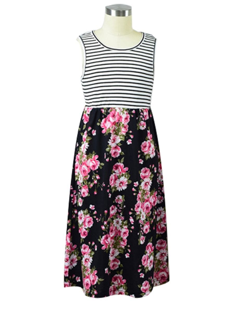 Mom and Me Stripe Cotton Blend Flower Patchwork Sleeveless Dress - dianjiang-