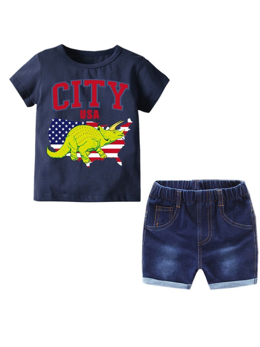 Baby Little Kids Outfits Suits Independence Day Theme T-shirt Matching Short Jeans 2-Piece Summer - dianjiang-