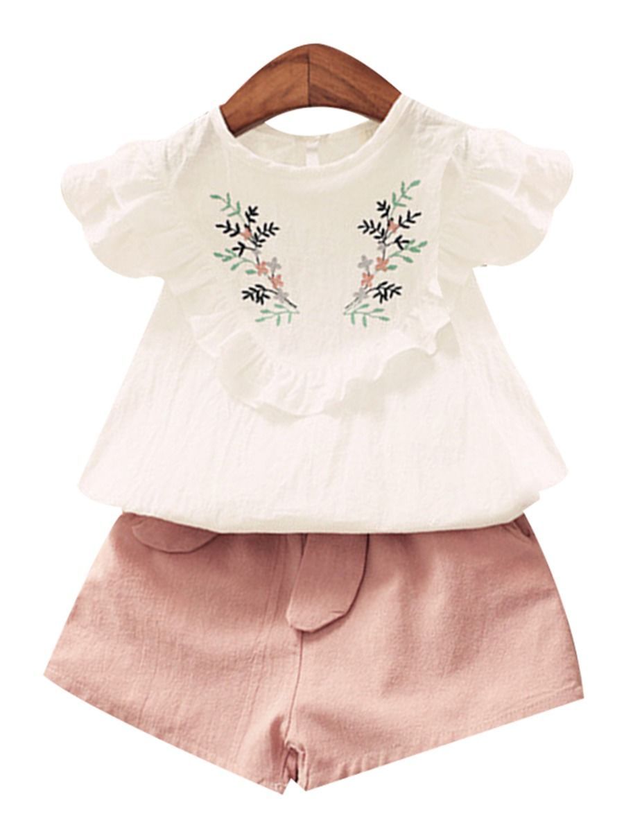 Little Kids Clothes Outfit Flower Ruffle White Top + Solid Color Shorts - dianjiang-