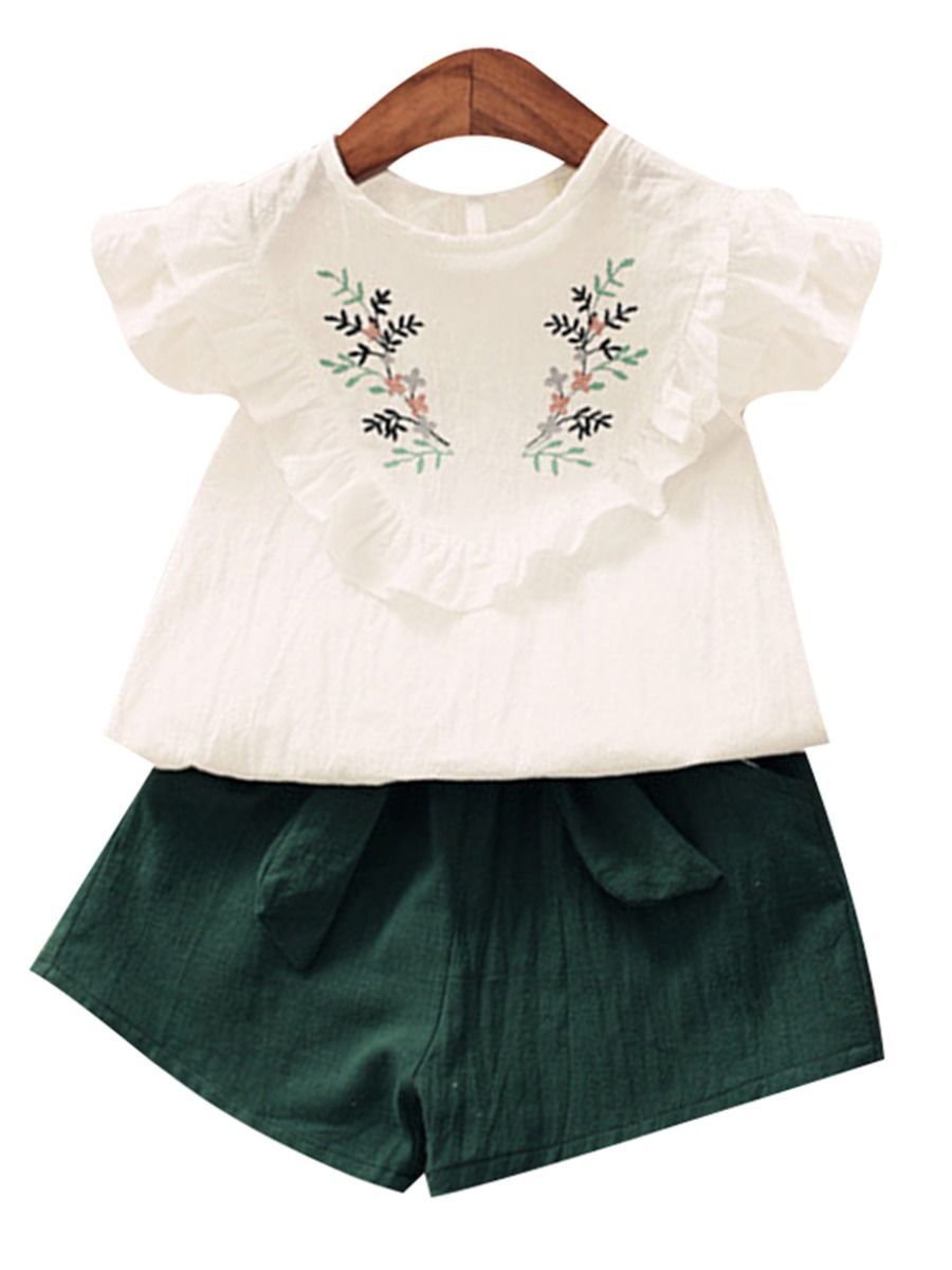 Little Kids Clothes Outfit Flower Ruffle White Top + Solid Color Shorts - dianjiang-