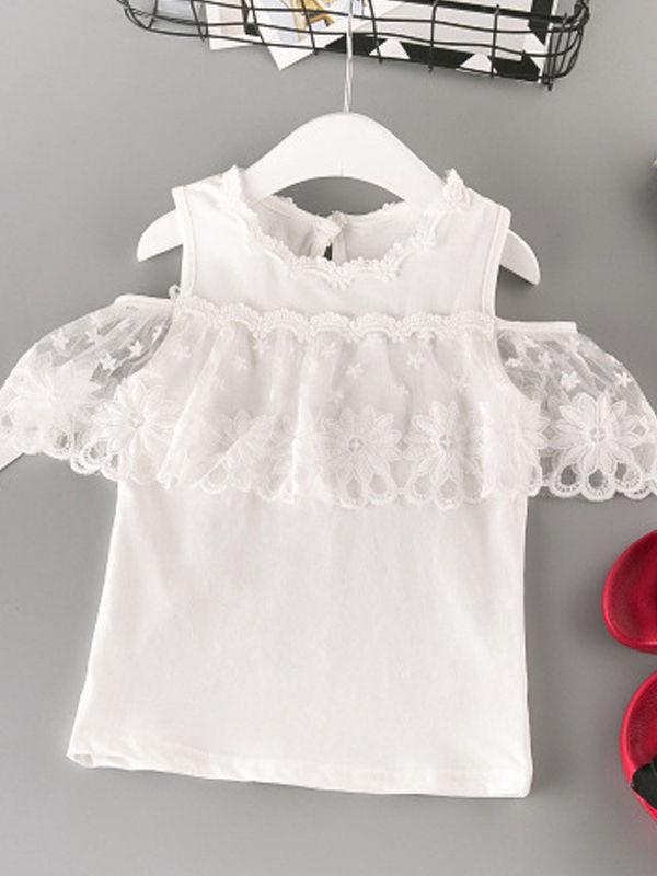 2-Piece Outfit White Flower Lace Off Shoudler Top + Beaded Necklace + Stripe Shorts - dianjiang-