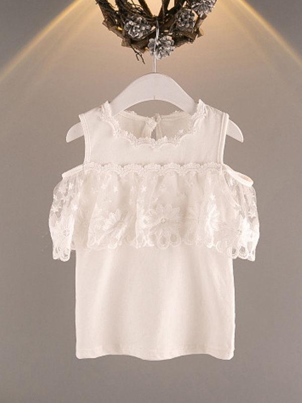 2-Piece Outfit White Flower Lace Off Shoudler Top + Beaded Necklace + Stripe Shorts - dianjiang-