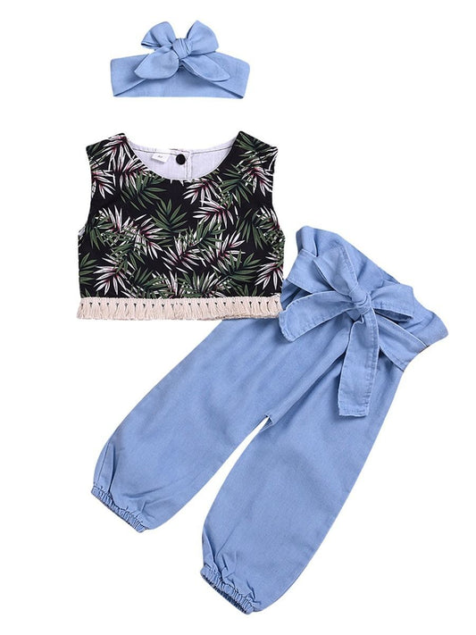 3-Piece Baby Toddler Girl Clothes Outfit Leaf Tassel Trimmed Crop Top+Bow Blue Trousers+Headband - dianjiang-