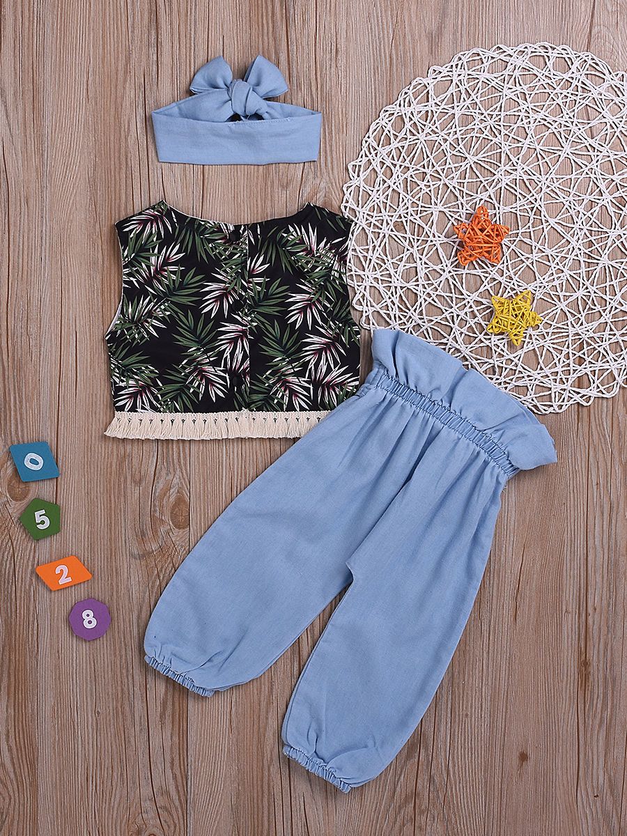 3-Piece Baby Toddler Girl Clothes Outfit Leaf Tassel Trimmed Crop Top+Bow Blue Trousers+Headband - dianjiang-