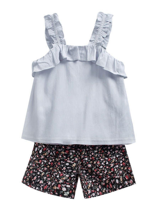 2-Piece Little Big Girl Clothes Outfit Ruffle Suspender Top Matching Floral Shorts - dianjiang-