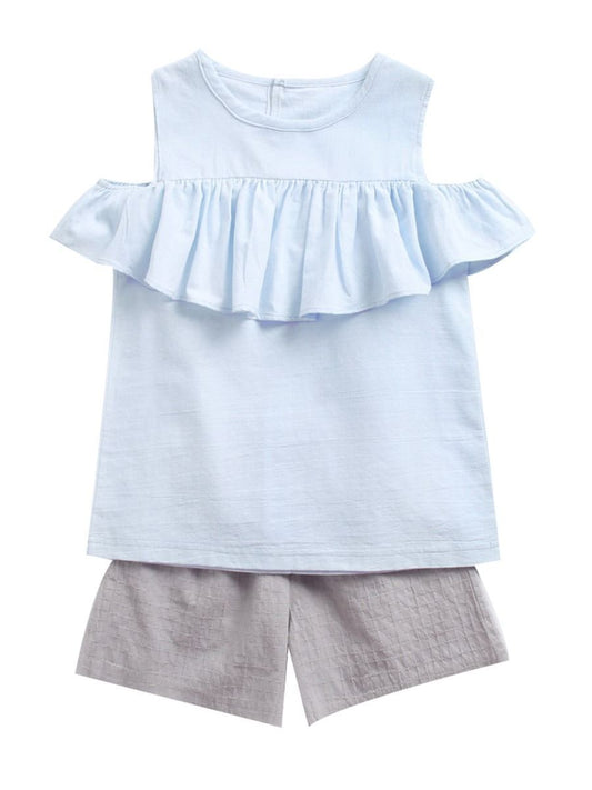 Summer Little Big Girl  2-Piece Outfit Off Shoulder Ruffle Top Matching Shorts - dianjiang-