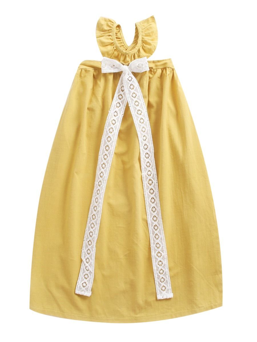 Fashion Little Big Girl Trimmed Off Shoulder Yellow Dress - dianjiang-