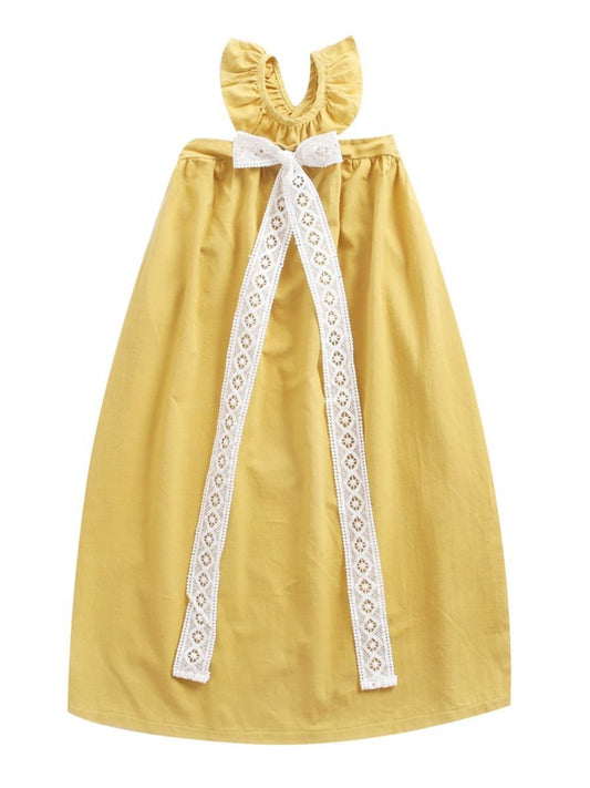 Fashion Little Big Girl Trimmed Off Shoulder Yellow Dress - dianjiang-