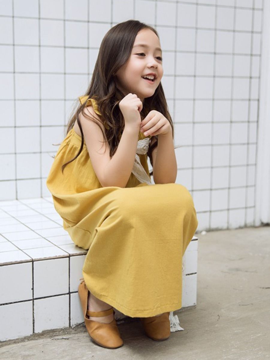 Fashion Little Big Girl Trimmed Off Shoulder Yellow Dress - dianjiang-