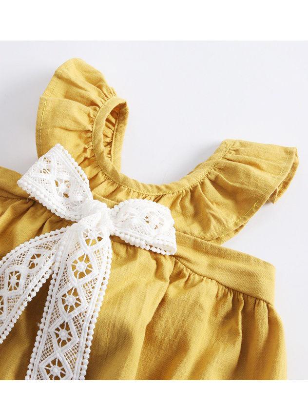 Fashion Little Big Girl Trimmed Off Shoulder Yellow Dress - dianjiang-