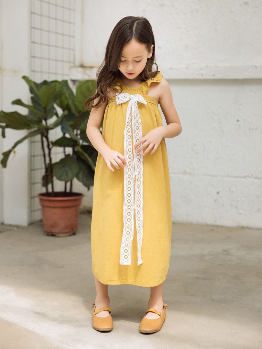 Fashion Little Big Girl Trimmed Off Shoulder Yellow Dress - dianjiang-